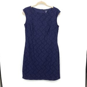 Chaps Women 12 Large Dress Sleeveless Navy Midnight Blue Lined Floral Lace